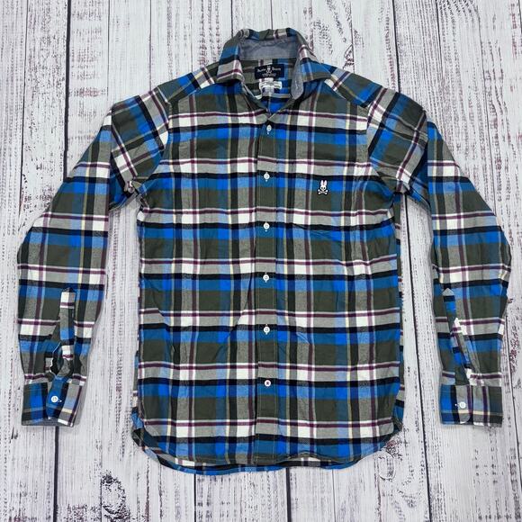 Psycho Bunny Plaid Shirt Men’s XS Pima Cotton Olive Blue Logo - Picture 1 of 6